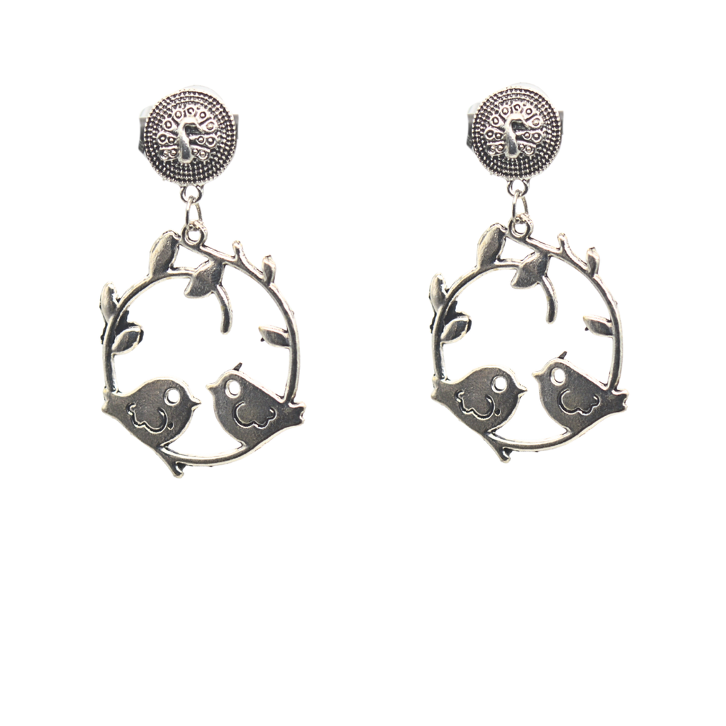 Antique Silver-Plated Love Birds Hoop Earrings with Intricate Branch Detailing – Elegant Nature-Inspired Jewelry for Women