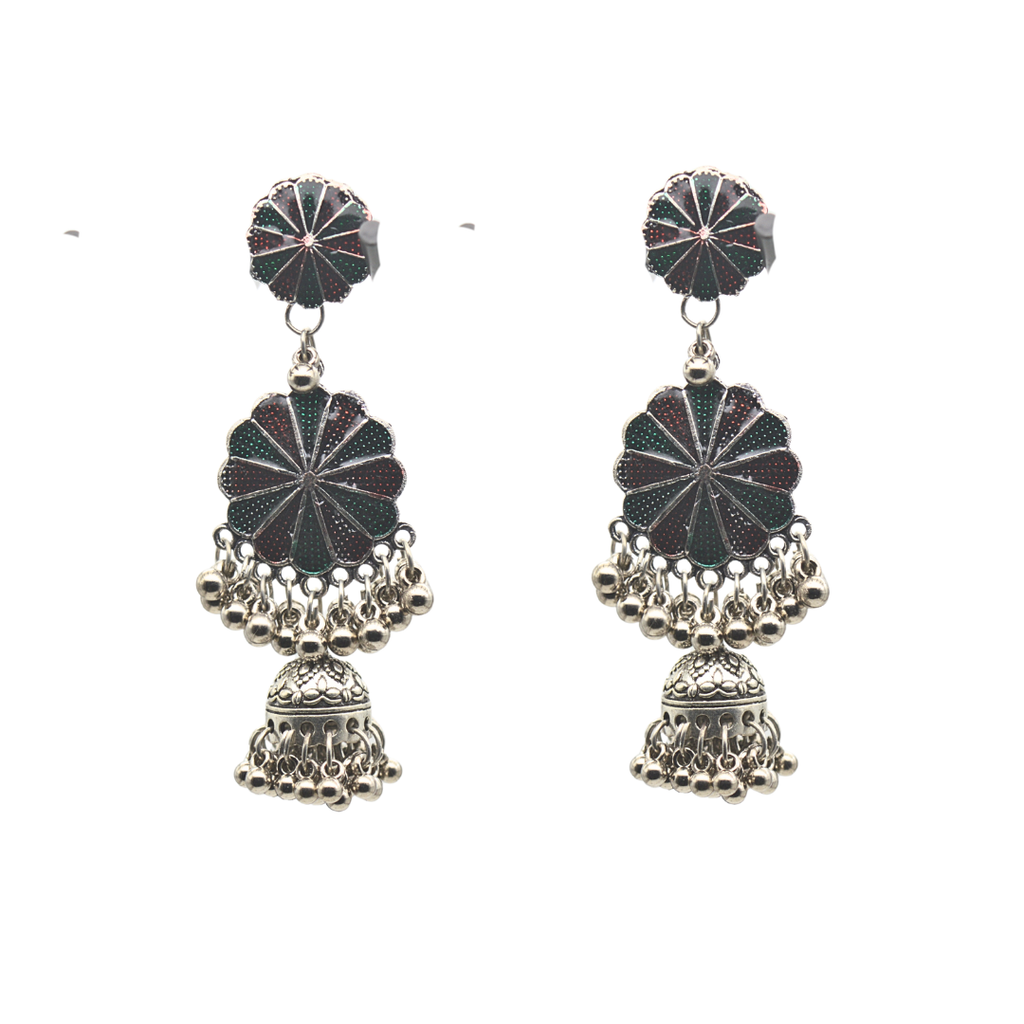Elegant Dual-Tier Oxidized Silver Jhumka Earrings with Floral Motif and Intricate Beaded Detailing traditional flower shape earrings for women and ladies