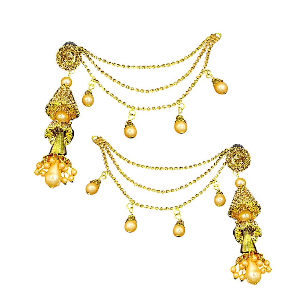 Antique Gold Finish Layered long Jhumka Earrings with Hair Extension Chains, Pearl Drops & Coin Design Ethnic Jewelry for women.
