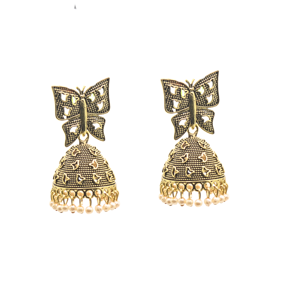 Handcrafted Antique Gold & Black Oxidized Butterfly Jhumka Earrings for Women Traditional Indian Ethnic Dome-Shaped Dangle Earrings with Pearl Casual Wear