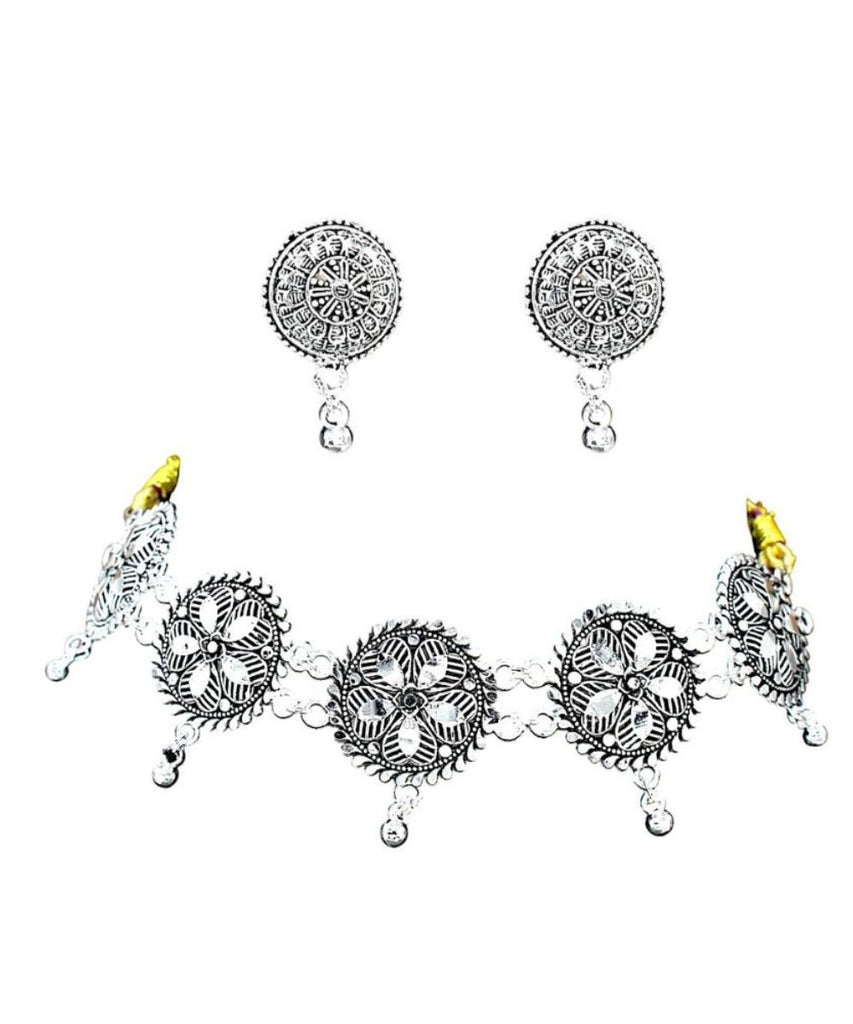 Latest Stylish Traditional Oxidised Silver Choker Necklace Jewellery Set for Women