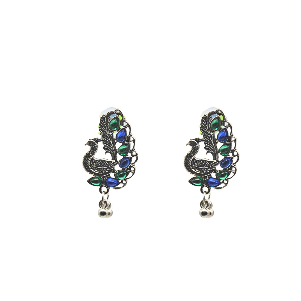 Handcrafted Oxidized Silver Peacock Stud Earrings for Women Traditional Indian Ethnic Earrings with Blue & Green Stonework Earrings