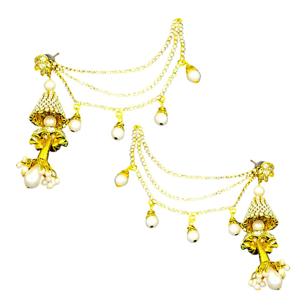 Latest Stylish Chain Connected Earrings with Pearl Drops -Gold Plated Long Jhumki Earrings Ethnic Indian Jewelry for women