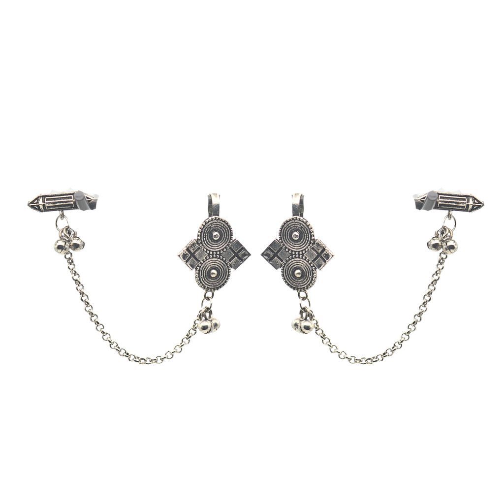 Oxidised Floral Charms Earcuffs Earring With Chain Edgy Elegance and Bold Modern Design for Women Vintage Style Oxidized Earcuff Earrings with Intricate Details