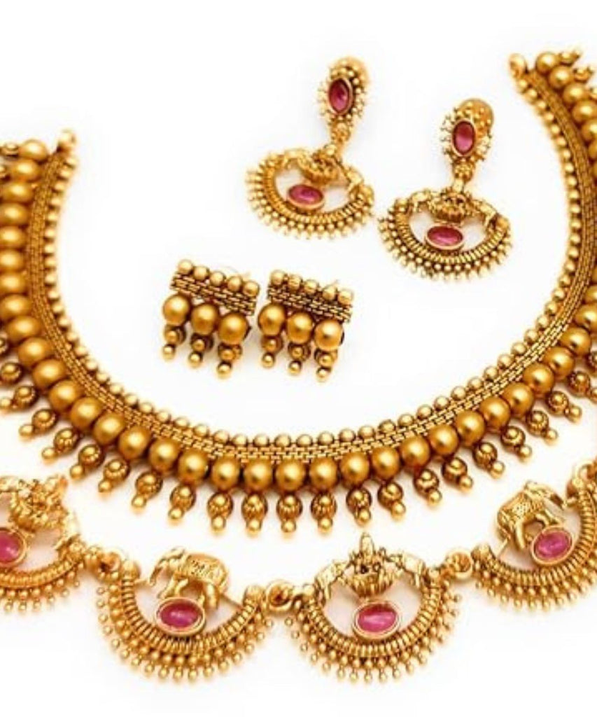 Latest Fashion Indian Gold Plated Necklace Set with 2 Pair of Earrings Stylish Temple Choker Combo Set for Women