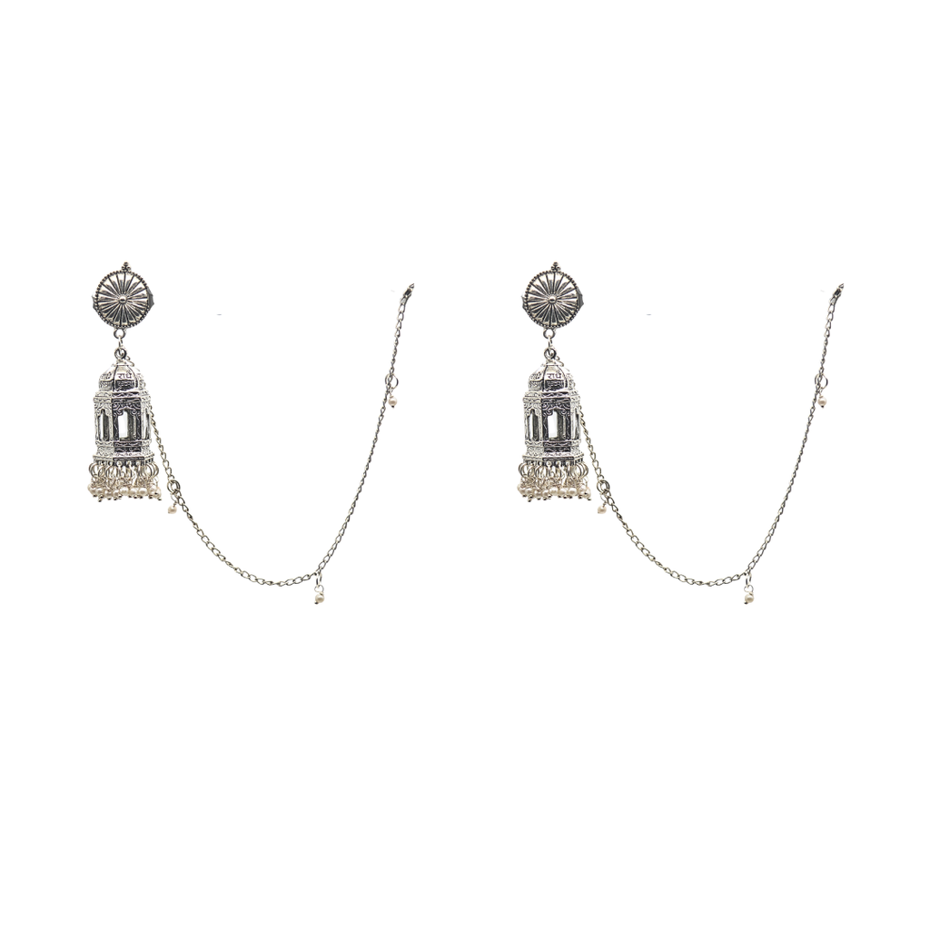 Exquisite Oxidized Silver Jhumka Earrings with Chain Mughal Architecture Inspired Dome Lantern Style Jhumki Traditional Indian Ethnic Jewelry for Women