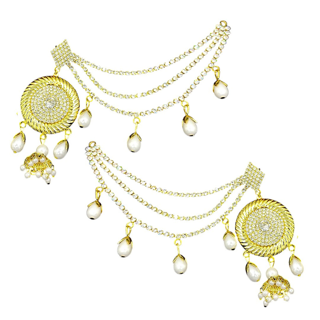 Traditional Kundan Long Earrings with Pearl Drops, Gold-Plated, Pearl Chain Ear Support Indian Jhumka Earrings