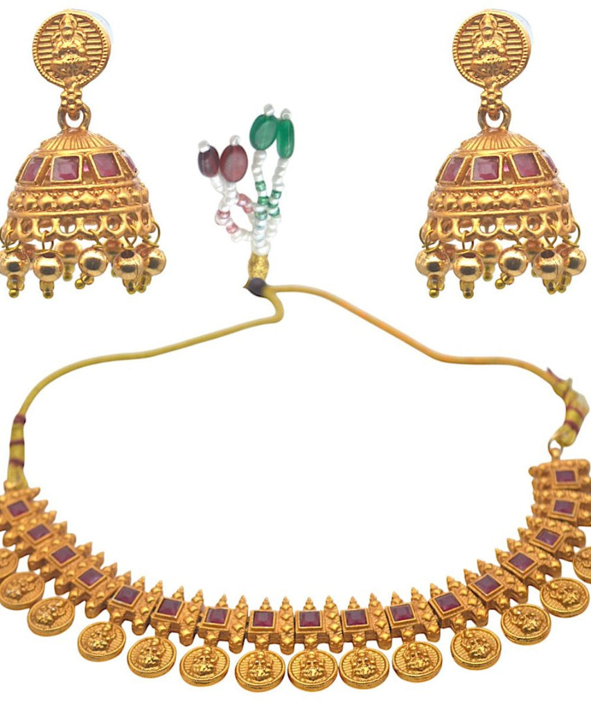 Traditional Lightweight Indian Jewelry Set Godess Laxmi Frill Gold Plated Necklace with Jhumki Earring For Women