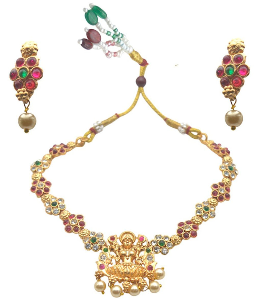 South Indian Temple necklace Jewelry Choker Gold Plated Necklace Flower Design with White Beads Stud Earrings