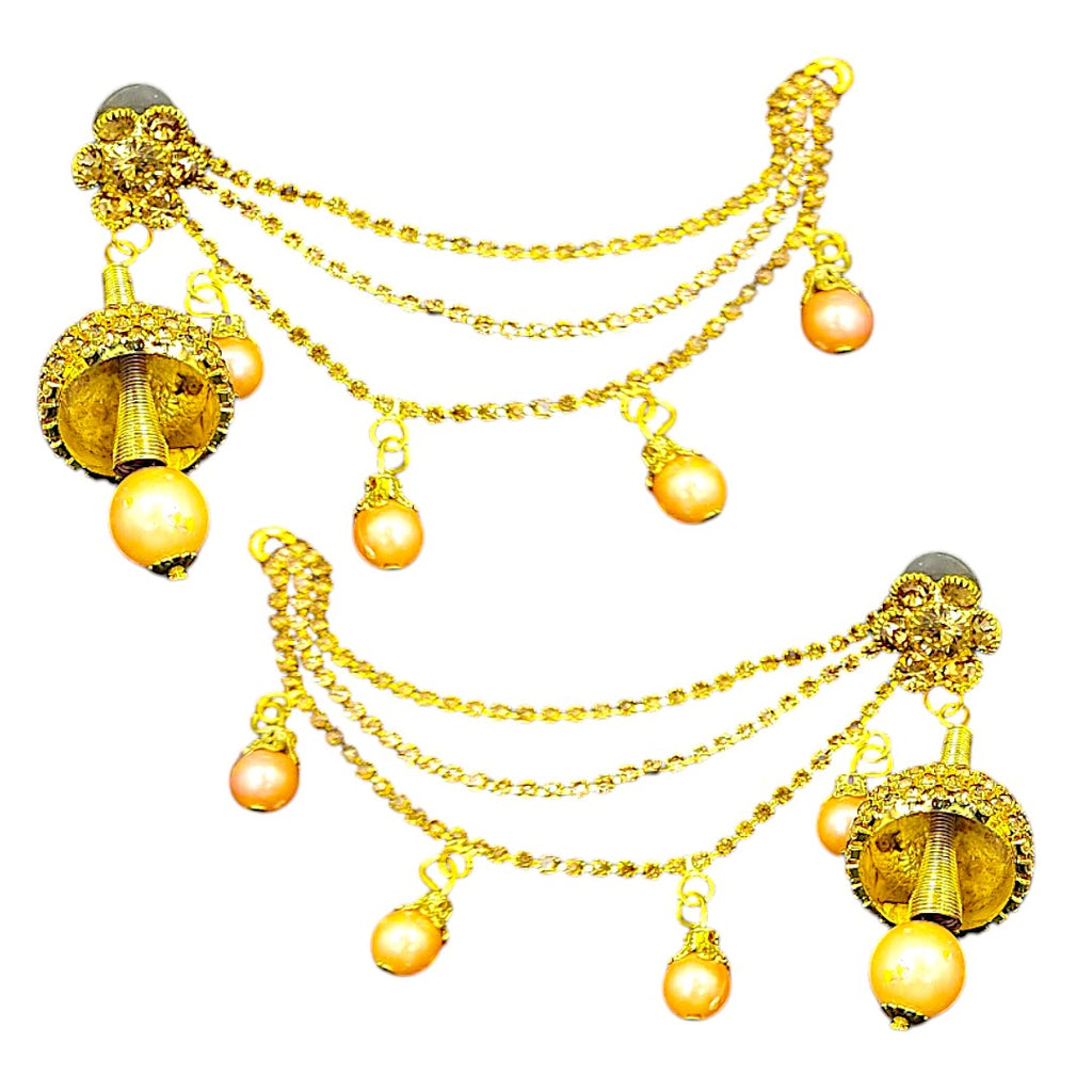 Trendy Gold Tone Coin Jhumka Earrings with Hair Chain, Pearl Drops Jhumki Indian Style jewelry, comfortable and lightweight Jewelry for women