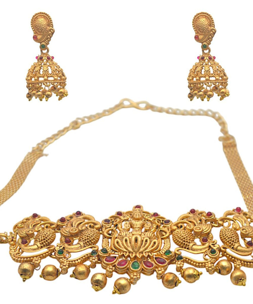 Antique Goddess Laxmi Gold Plated Choker Peacock Design with Long Jhumki Earrings temple Necklace set for women