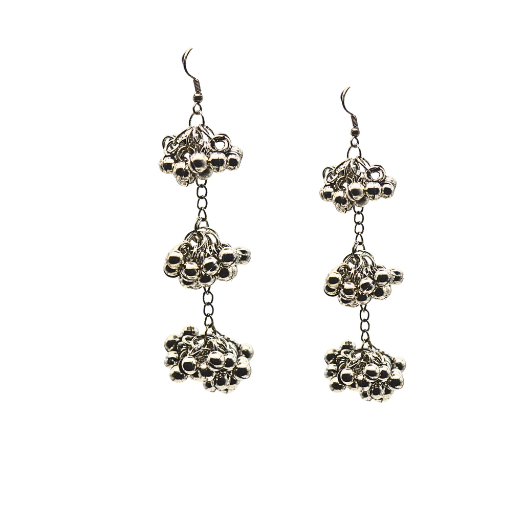 Antique Silver-Plated Multi-Layered Dangle Earrings with Intricate Beaded Clusters – Elegant Traditional Jewelry for Women
