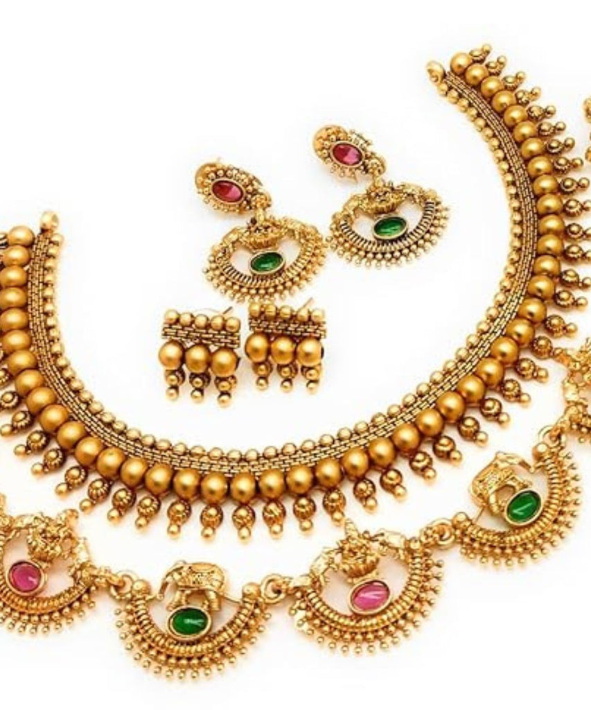 Fashion Indian Jewellry Combo Gold Plated Necklace Set with 2 Pair of Earrings Stylish Temple Choker For Women