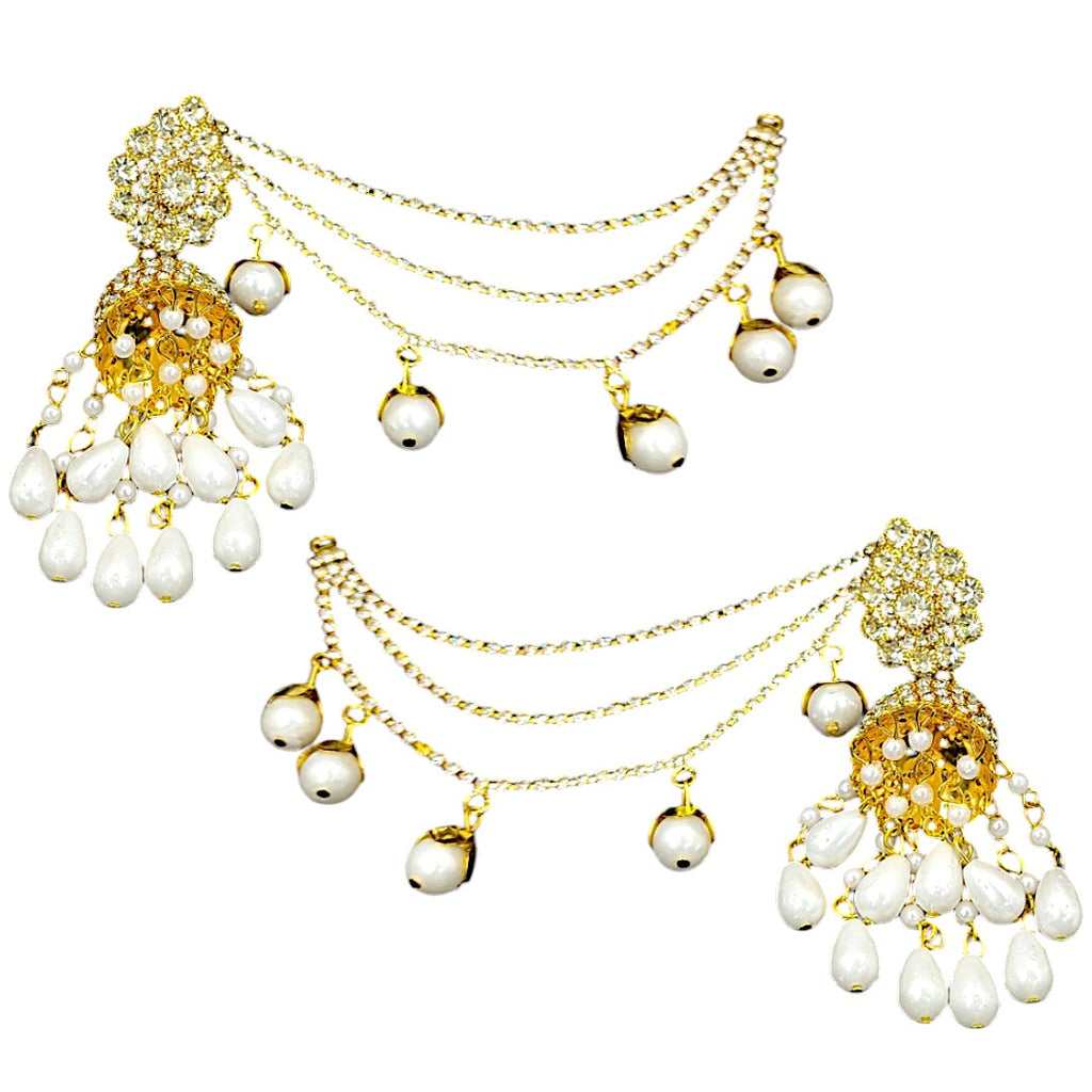 Unique Design Indian Jhumka Earrings with Chain Hair Extensions, Gold Tone & Pearl Accents Perfect for Indian Outfits Ethnic Jewelry for women