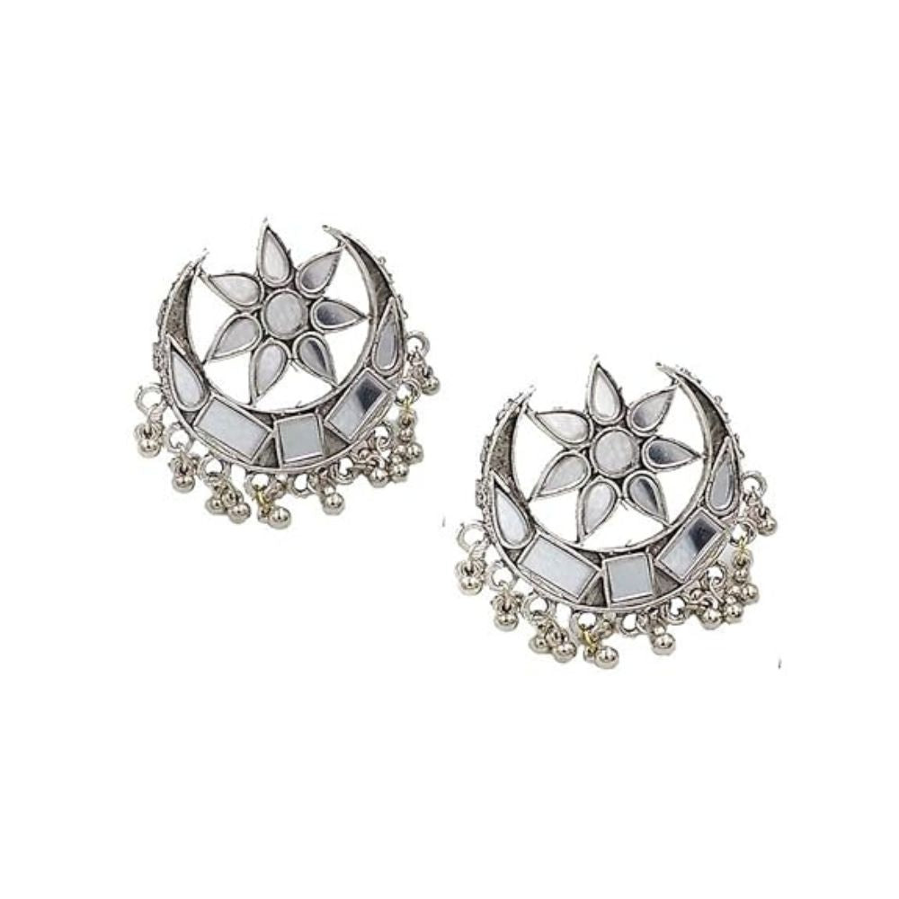 Traditional Antique Silver-Plated Crescent Moon Stud Oxydised Earrings with Floral Mirror Work and Hanging Beaded Detailing – Ethnic Statement Jewelry for Women