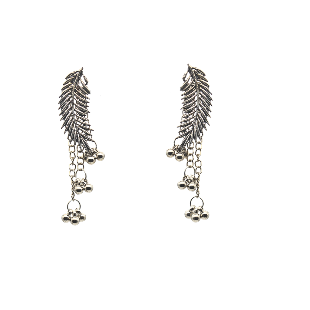 Elegant Silver Leaf Dangle Earrings with Intricate Detailing and Hanging Beads – Stylish Lightweight Jewelry for Women
