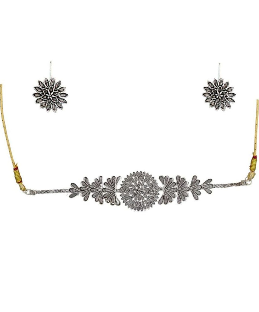 Unique Silver Oxidised Choker Necklace Set with Studs Earrings Jewellery Set for Women