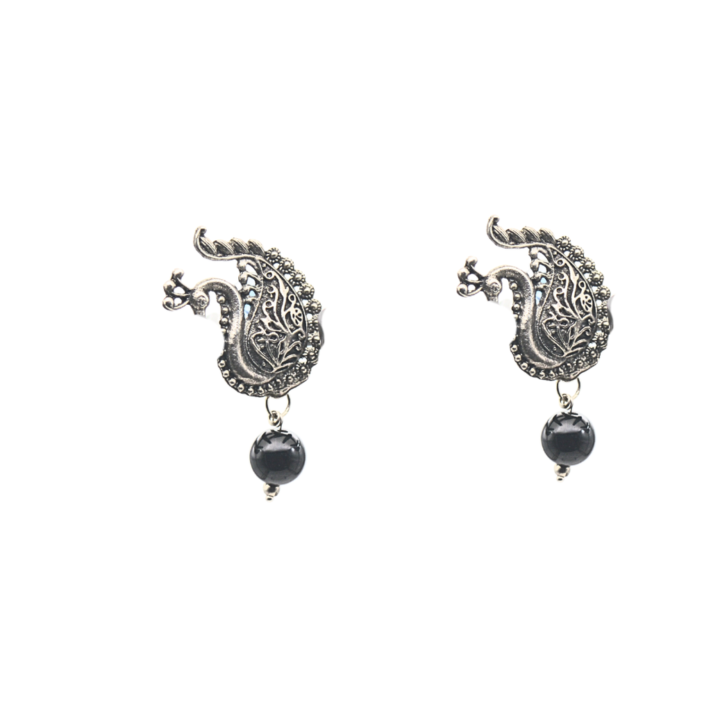 Antique Silver Peacock Earrings with Black Beads – Traditional Ethnic Jewelry earrings for women
